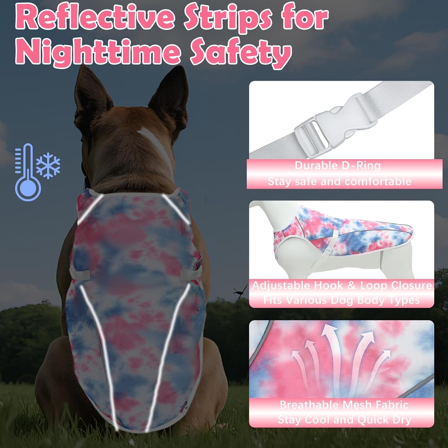 Dog Cooling Vest – Harness Cooler Jacket for Large Dogs, Reflective Strips & UV Protection for Beach, Hiking, Camping – Adjustable Fit Pet Cooling Shirt U-DCVF01XL