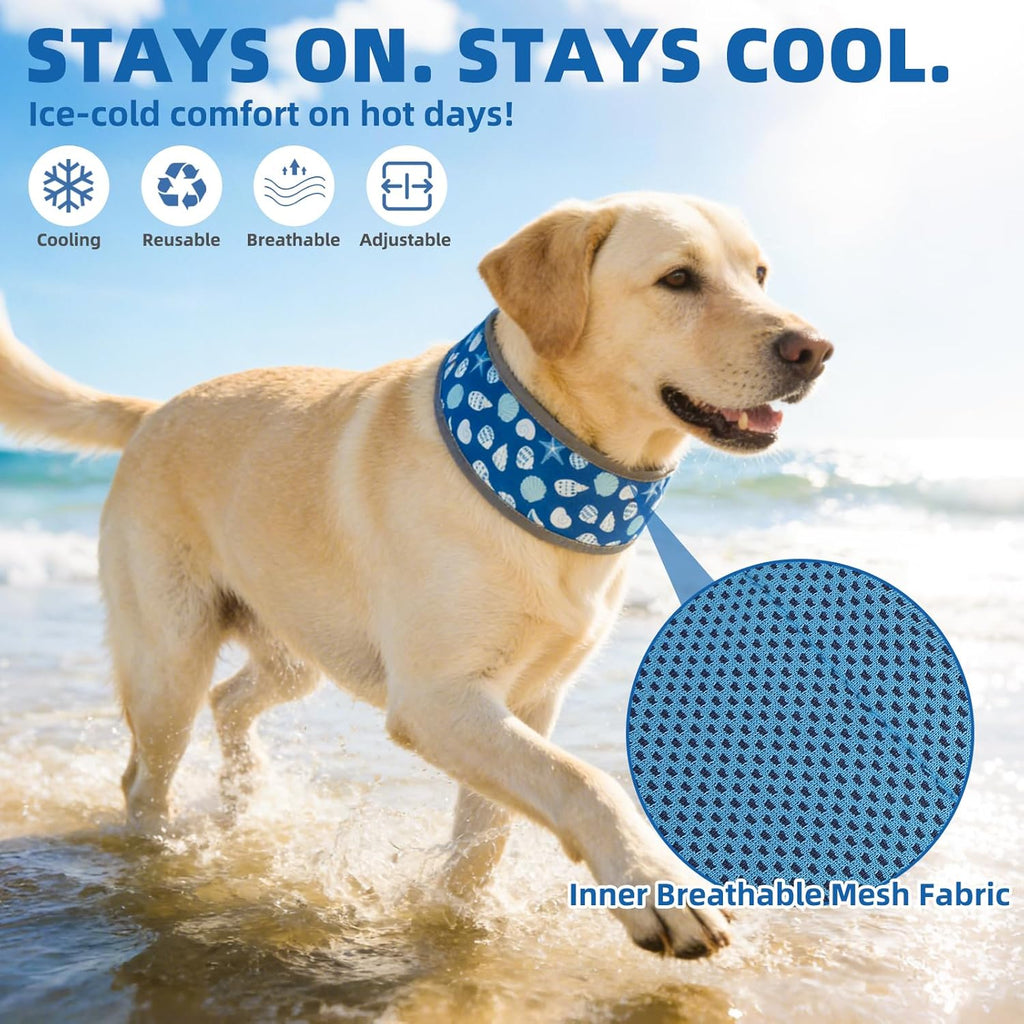 Dog Cooling Bandana, Reflective Instant Chill Ice Cool Neck Wrap, Breathable Dog Cooling Collar Ice Pack, Adjustable Reusable Pet Scarf Hot Weather Heat Relief for Outdoor Summer, Sea Shells M