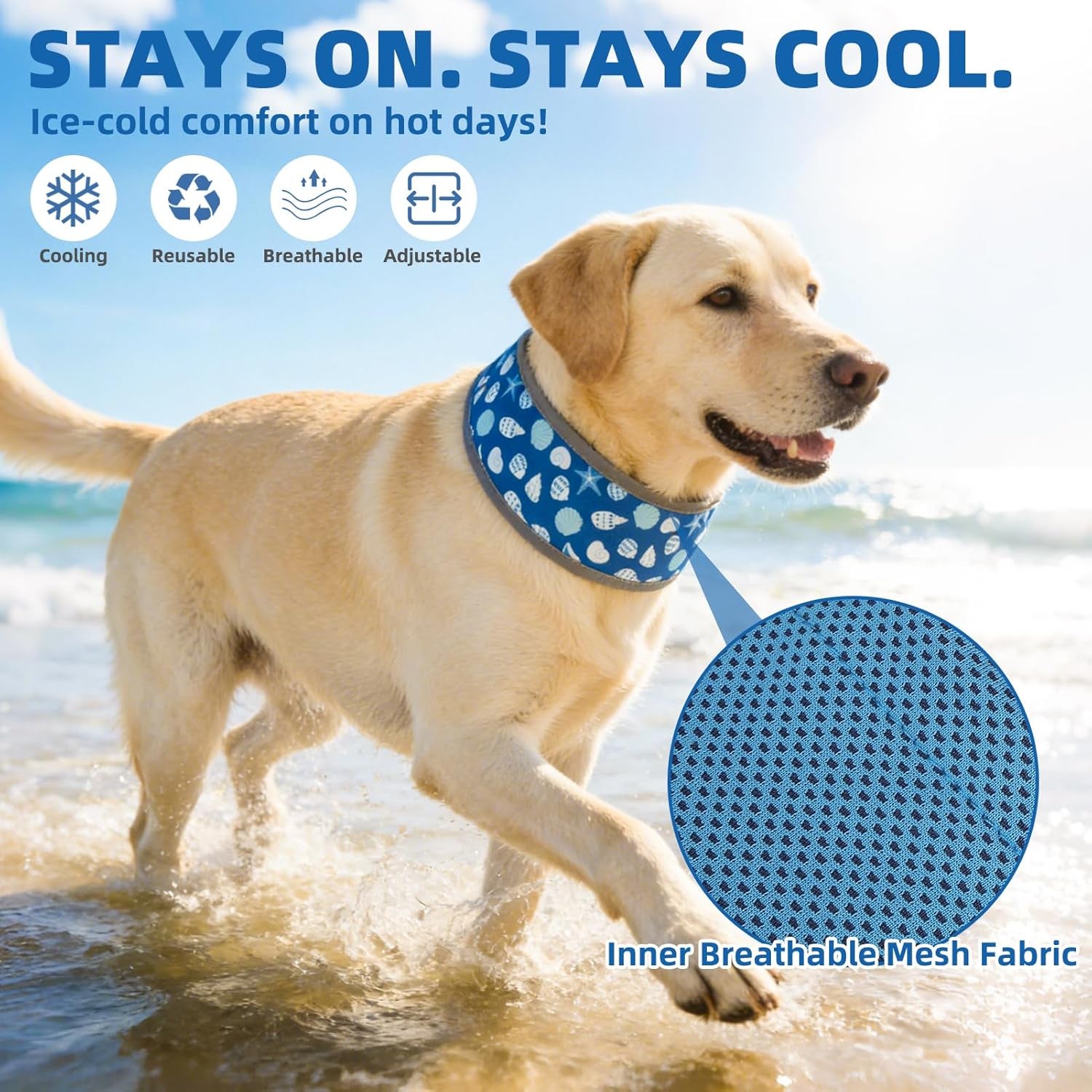 Dog Cooling Bandana, Reflective Instant Chill Ice Cool Neck Wrap, Breathable Dog Cooling Collar Ice Pack, Adjustable Reusable Pet Scarf Hot Weather Heat Relief for Outdoor Summer, Sea Shells M