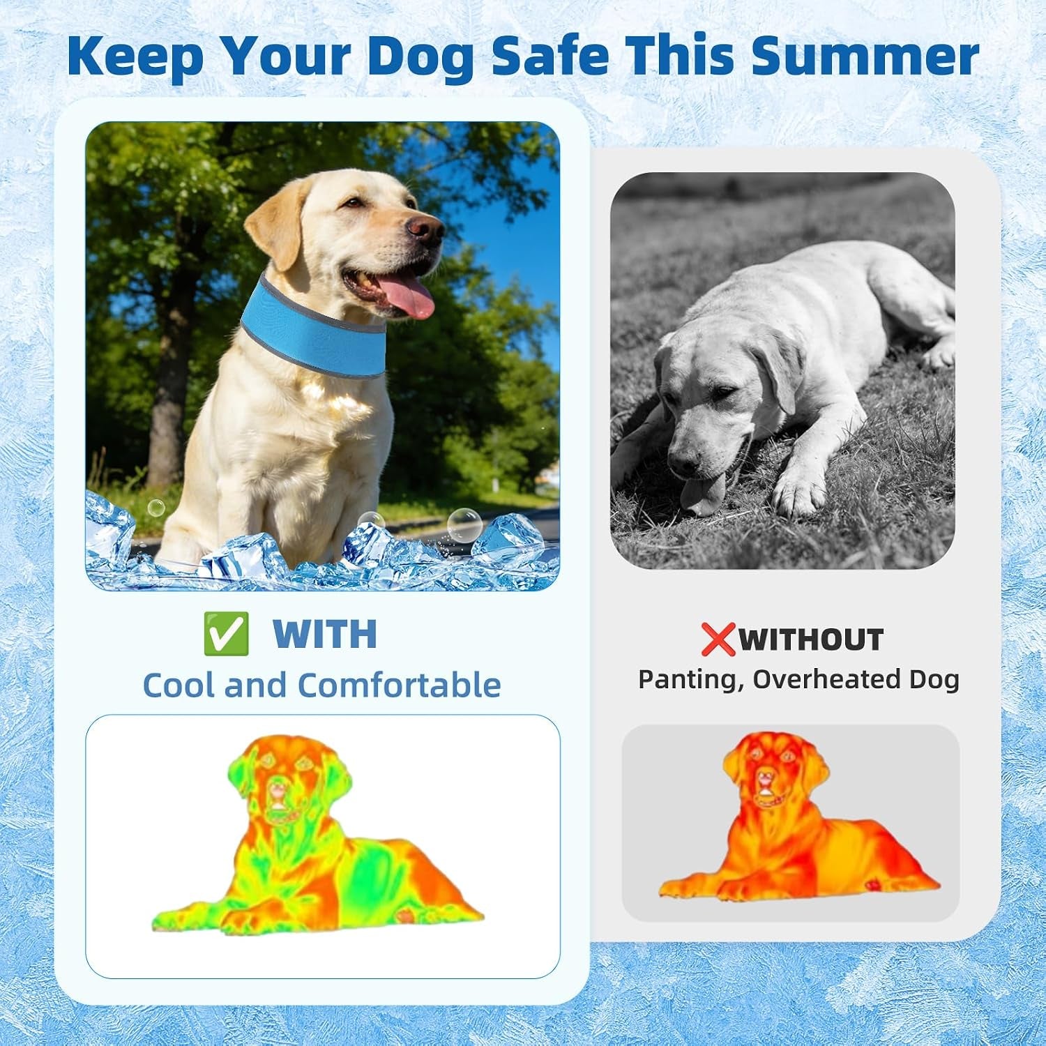 Dog Cooling Bandana, Reflective Instant Chill Ice Cool Neck Wrap, Breathable Dog Cooling Collar Ice Pack, Adjustable Reusable Pet Scarf Hot Weather Heat Relief for Outdoor Summer, Blue L