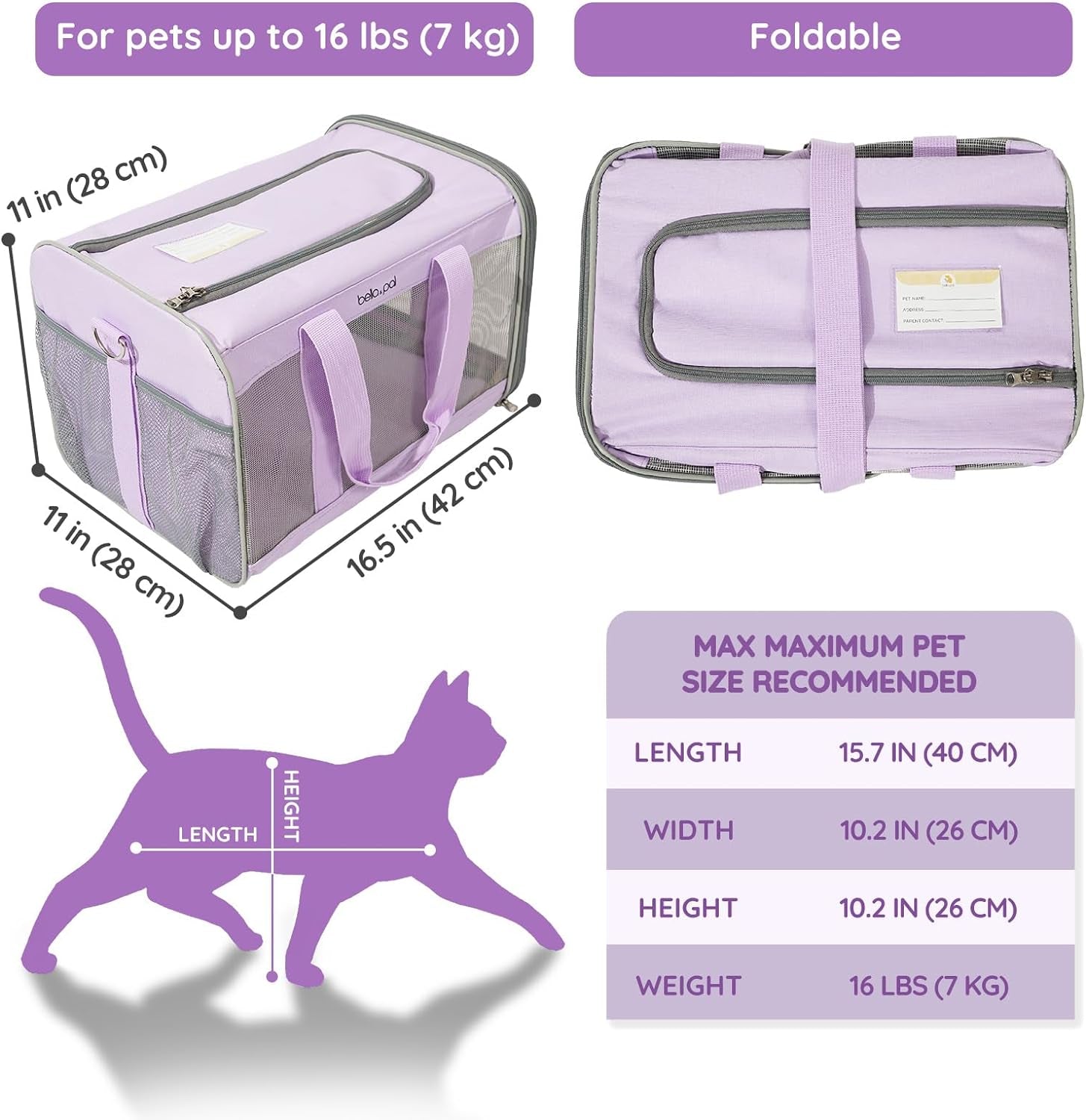 Cat Carrier Travel Bag, Airline Approved Lightweight Cat Carrier, Soft Sided Pet Carrier for Puppy Dogs up to 18Lbs, Collapsible Kitten Bag with Removable Waterproof Mat, Ventilated Mesh