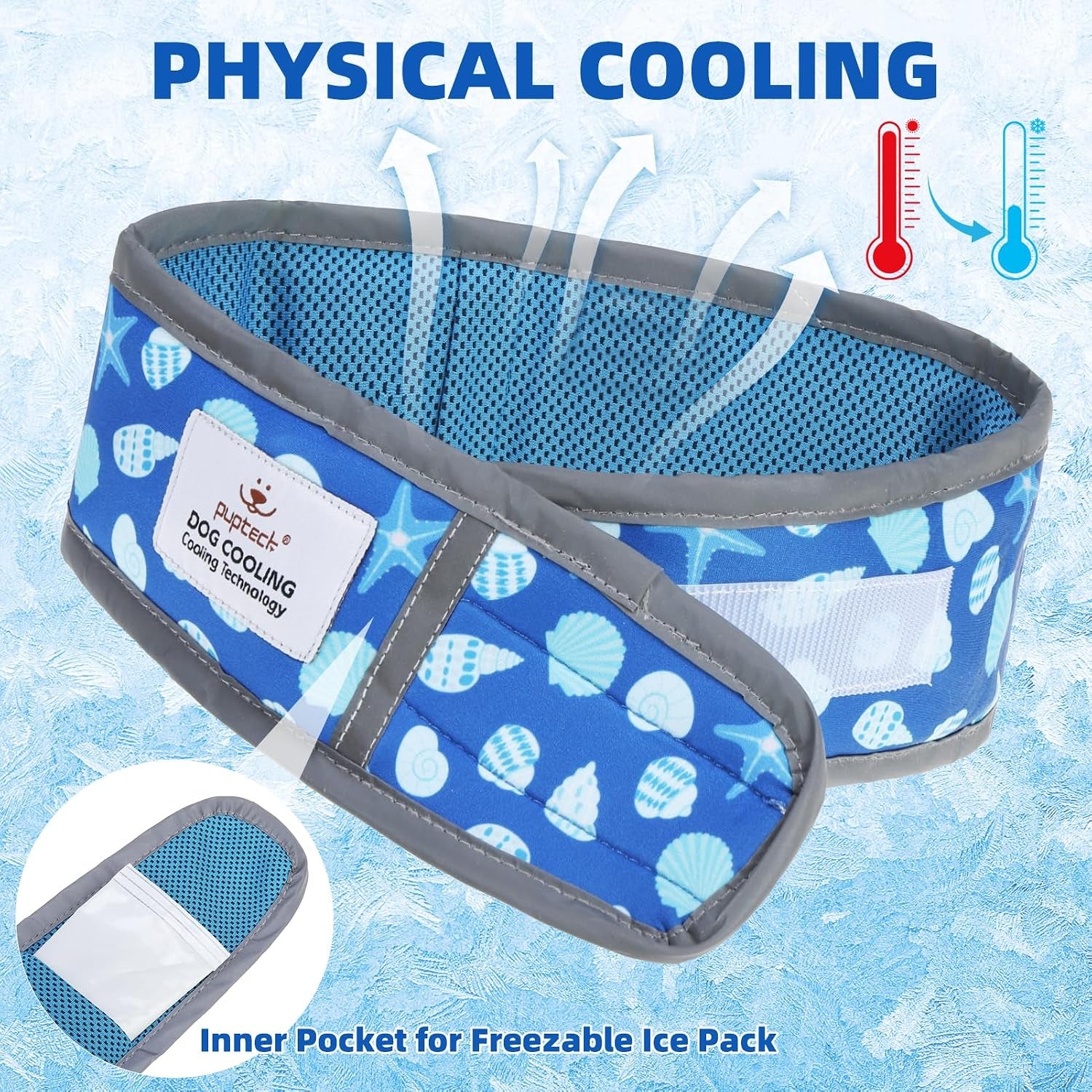 Dog Cooling Bandana, Reflective Instant Chill Ice Cool Neck Wrap, Breathable Dog Cooling Collar Ice Pack, Adjustable Reusable Pet Scarf Hot Weather Heat Relief for Outdoor Summer, Sea Shells M