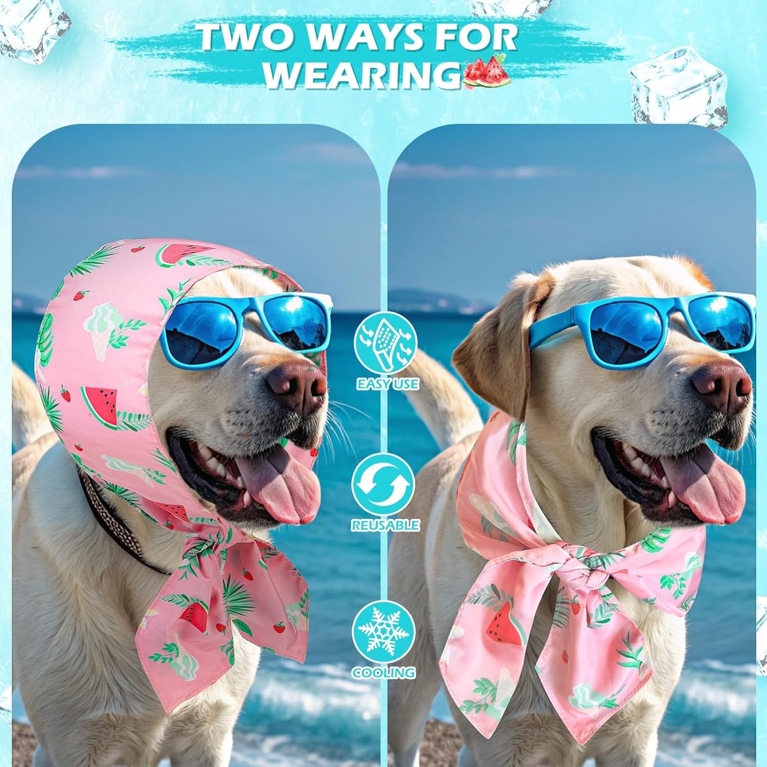 Dog Cooling Bandana - Summer Dog Bandanas with Ice Bag & Thermal Insulation Layer, Reusable Freezing Gel Cooling Pet Scarf for Hot Days, Neck Cooler for All Breeds (White Pink, M)