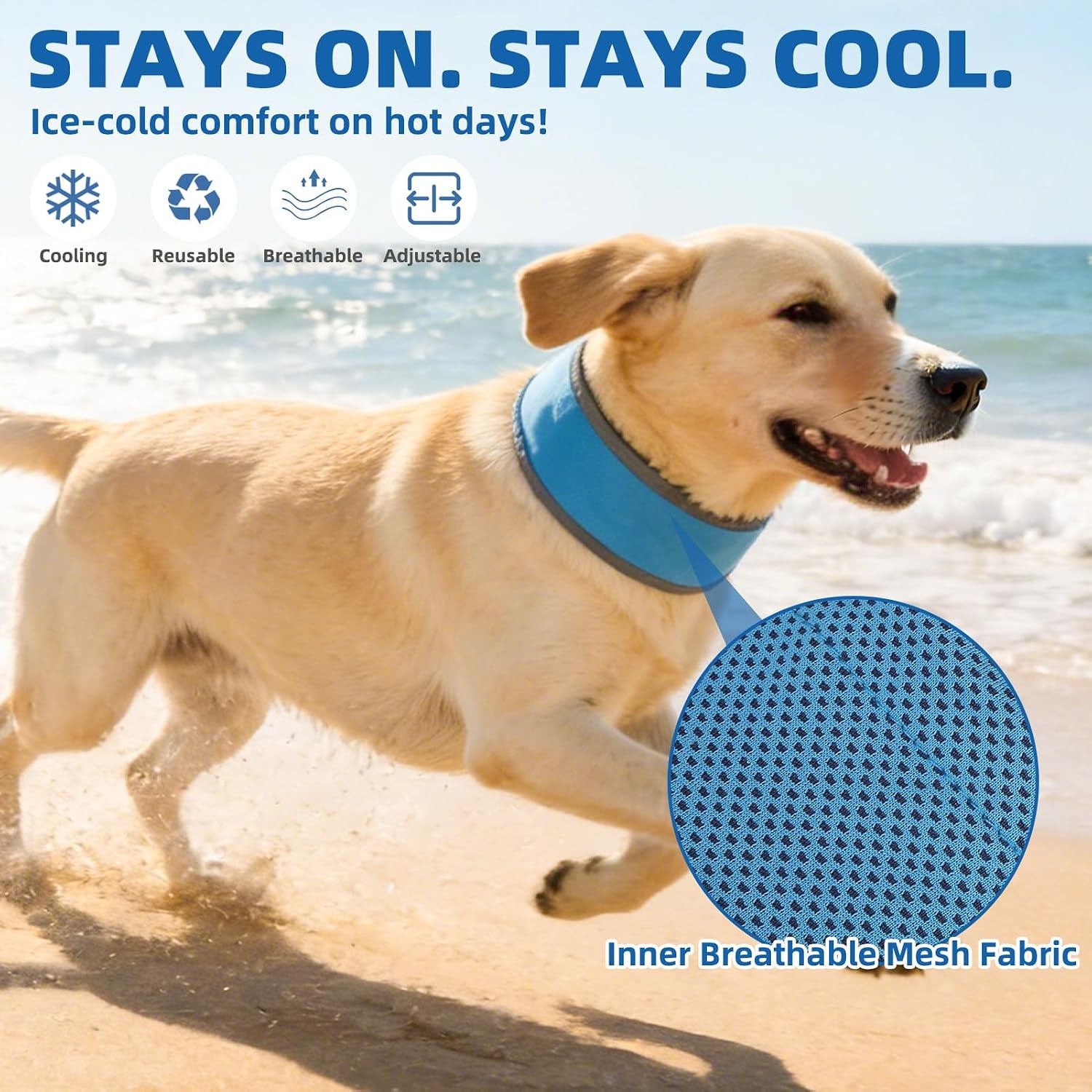 Dog Cooling Bandana, Reflective Instant Chill Ice Cool Neck Wrap, Breathable Dog Cooling Collar Ice Pack, Adjustable Reusable Pet Scarf Hot Weather Heat Relief for Outdoor Summer, Blue L