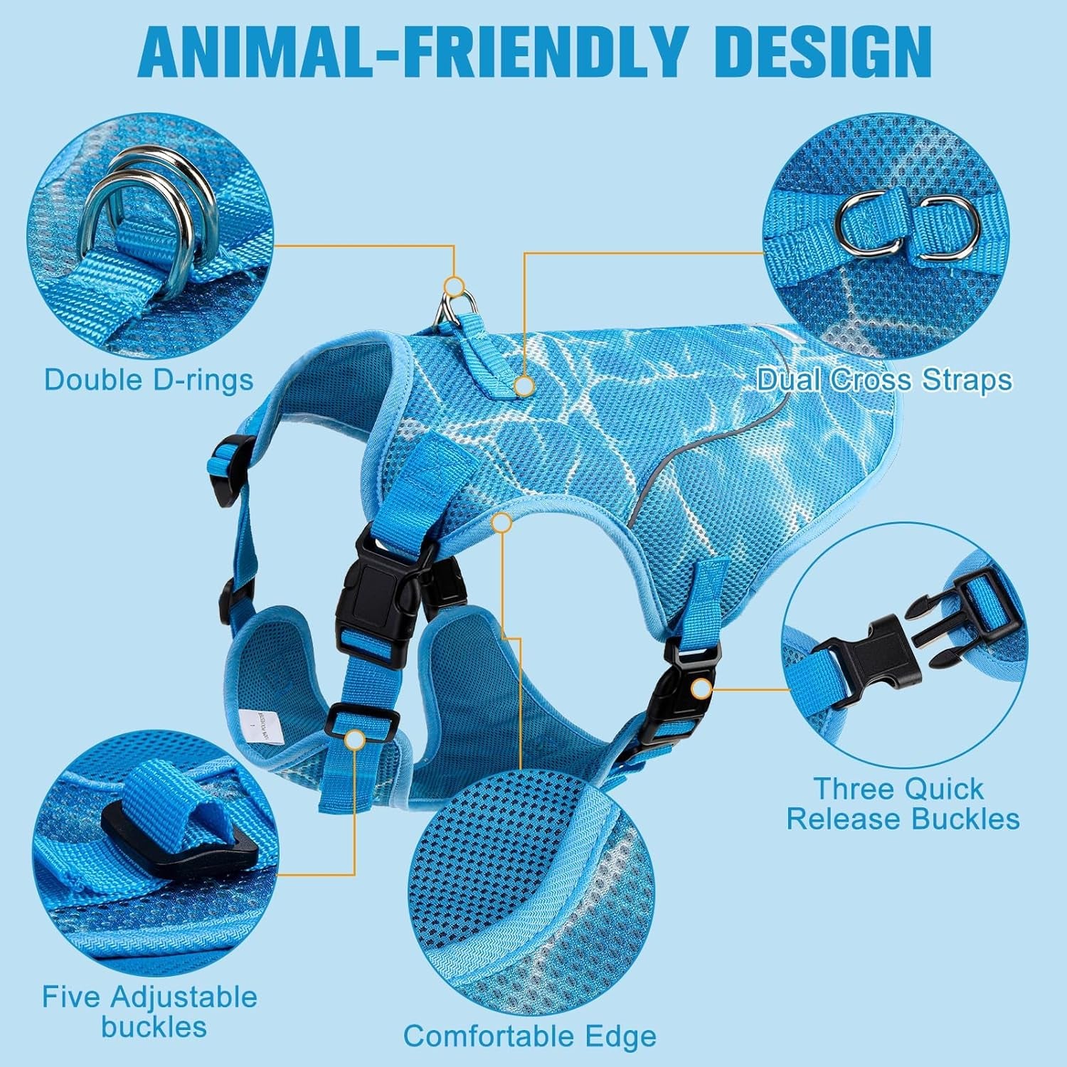 Dog Cooling Vest Harness for Summer, Breathable Mesh Reflective Cooler Harness for Hot Weather Outdoor Hiking Beach, Adjustable Lightweight Pet Jacket with D-Ring for Medium Large Dogs Blue