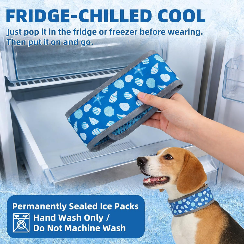 Dog Cooling Bandana, Reflective Instant Chill Ice Cool Neck Wrap, Breathable Dog Cooling Collar Ice Pack, Adjustable Reusable Pet Scarf Hot Weather Heat Relief for Outdoor Summer, Sea Shells M