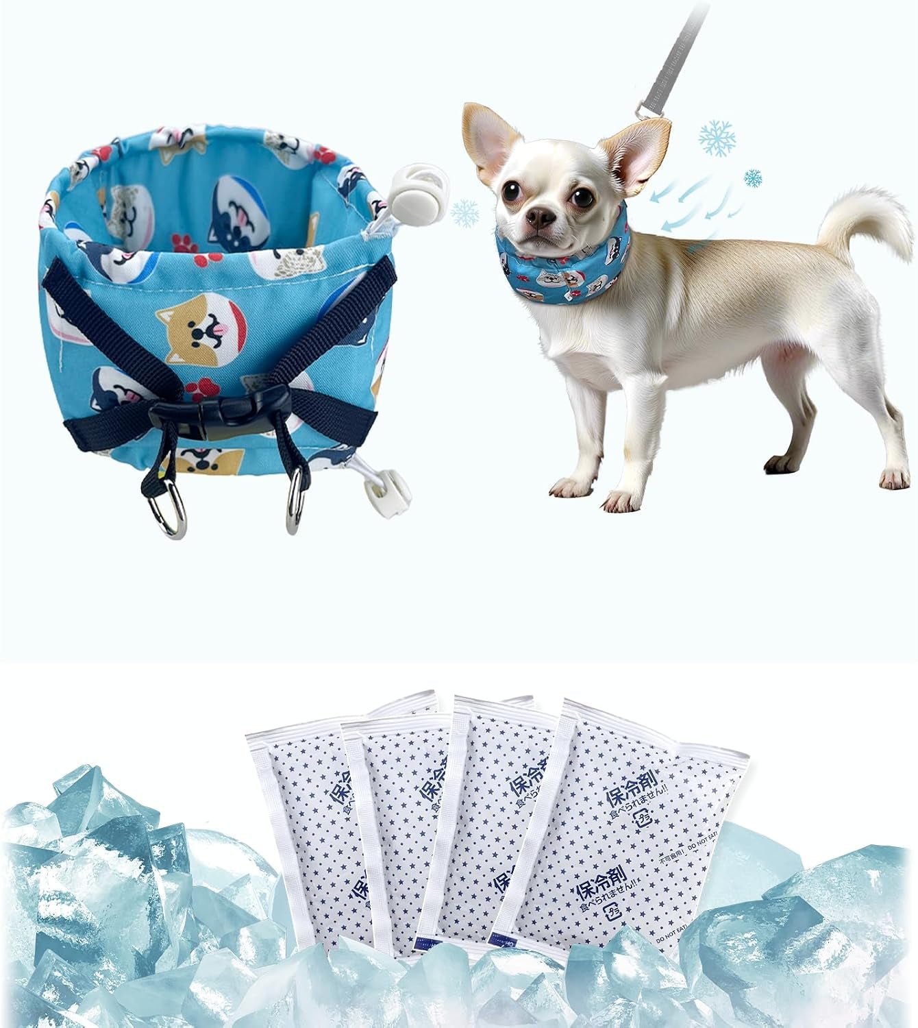 Dog Cooling Collar Harness with Recyclable Ice Packs, Pet Adjustable Ice Chill Out Bandana Collar Neck Cooler Wrap for Small Medium Large Dogs Summer (S(For Small Dogs), Blue Dogs)
