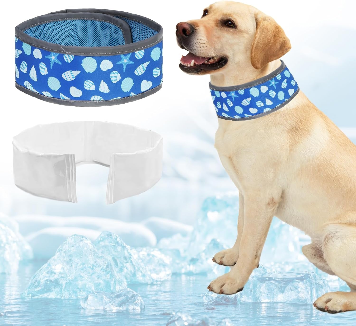 Dog Cooling Bandana, Reflective Instant Chill Ice Cool Neck Wrap, Breathable Dog Cooling Collar Ice Pack, Adjustable Reusable Pet Scarf Hot Weather Heat Relief for Outdoor Summer, Sea Shells M