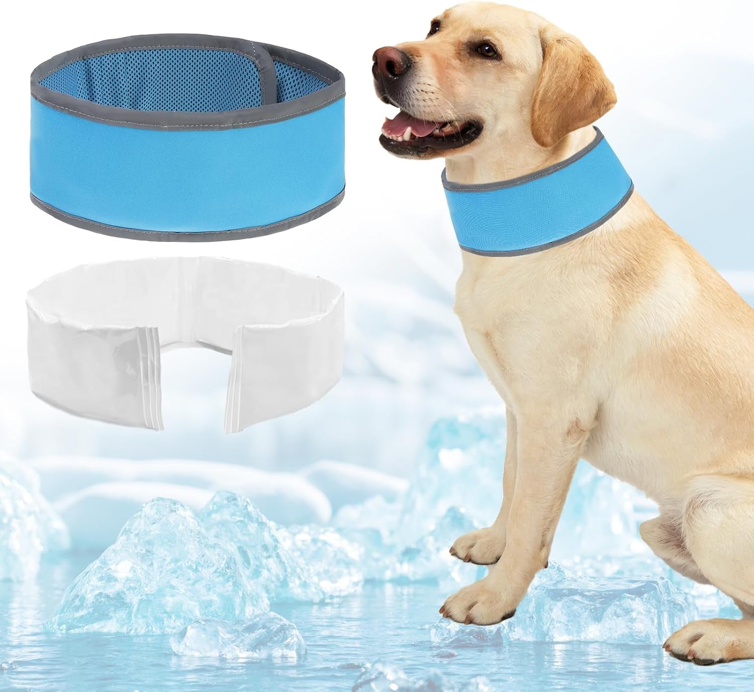 Dog Cooling Bandana, Reflective Instant Chill Ice Cool Neck Wrap, Breathable Dog Cooling Collar Ice Pack, Adjustable Reusable Pet Scarf Hot Weather Heat Relief for Outdoor Summer, Blue L