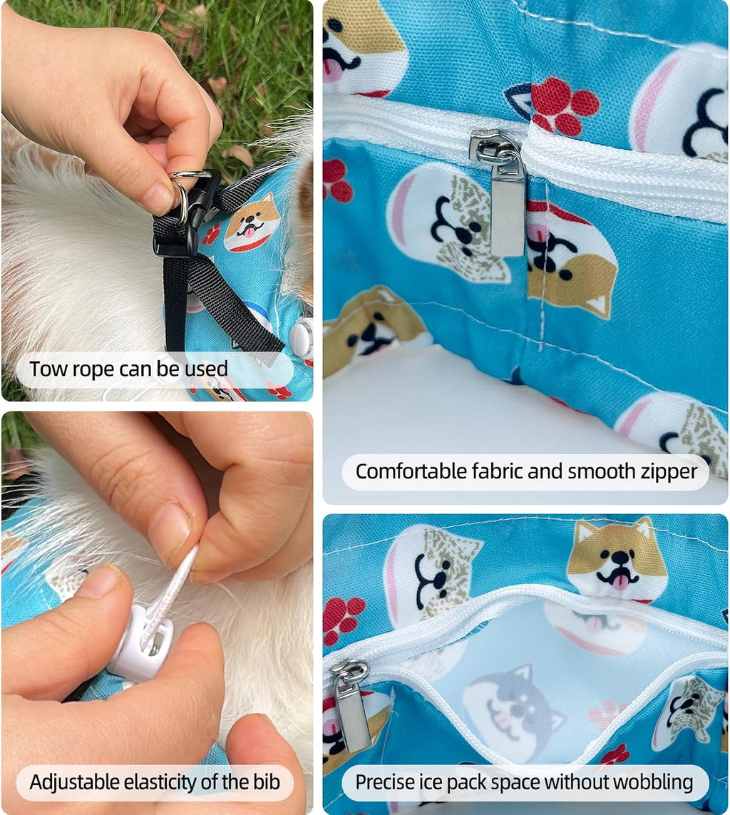 Dog Cooling Collar Harness with Recyclable Ice Packs, Pet Adjustable Ice Chill Out Bandana Collar Neck Cooler Wrap for Small Medium Large Dogs Summer (S(For Small Dogs), Blue Dogs)