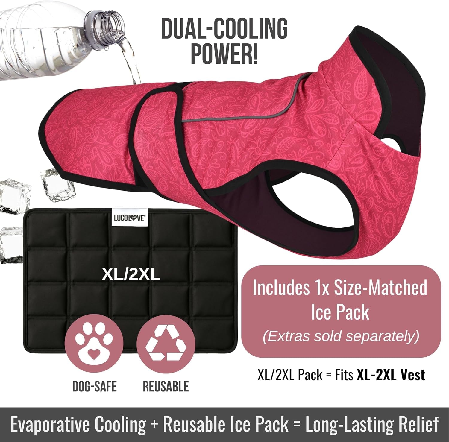Dog Cooling Vest with Ice Pack & Cooling Collar, Pink Floral, 2XL | Maximum Cooling Support, Size-Matched Ice Packs, Cooling around Neck and Body, UV Protection, Sizes to Suit Most Dogs