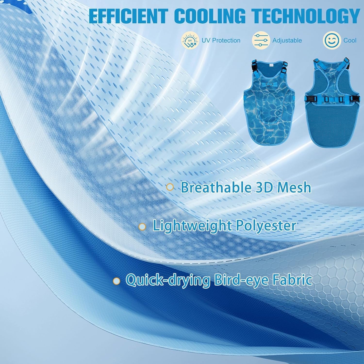 Dog Cooling Vest Harness for Summer, Breathable Mesh Reflective Cooler Harness for Hot Weather Outdoor Hiking Beach, Adjustable Lightweight Pet Jacket with D-Ring for Medium Large Dogs Blue