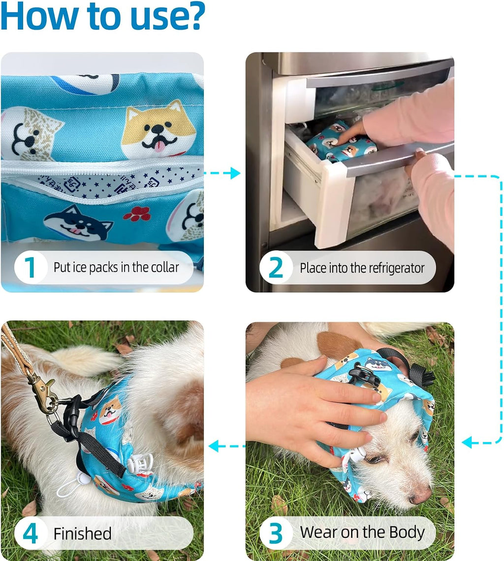 Dog Cooling Collar Harness with Recyclable Ice Packs, Pet Adjustable Ice Chill Out Bandana Collar Neck Cooler Wrap for Small Medium Large Dogs Summer (S(For Small Dogs), Blue Dogs)