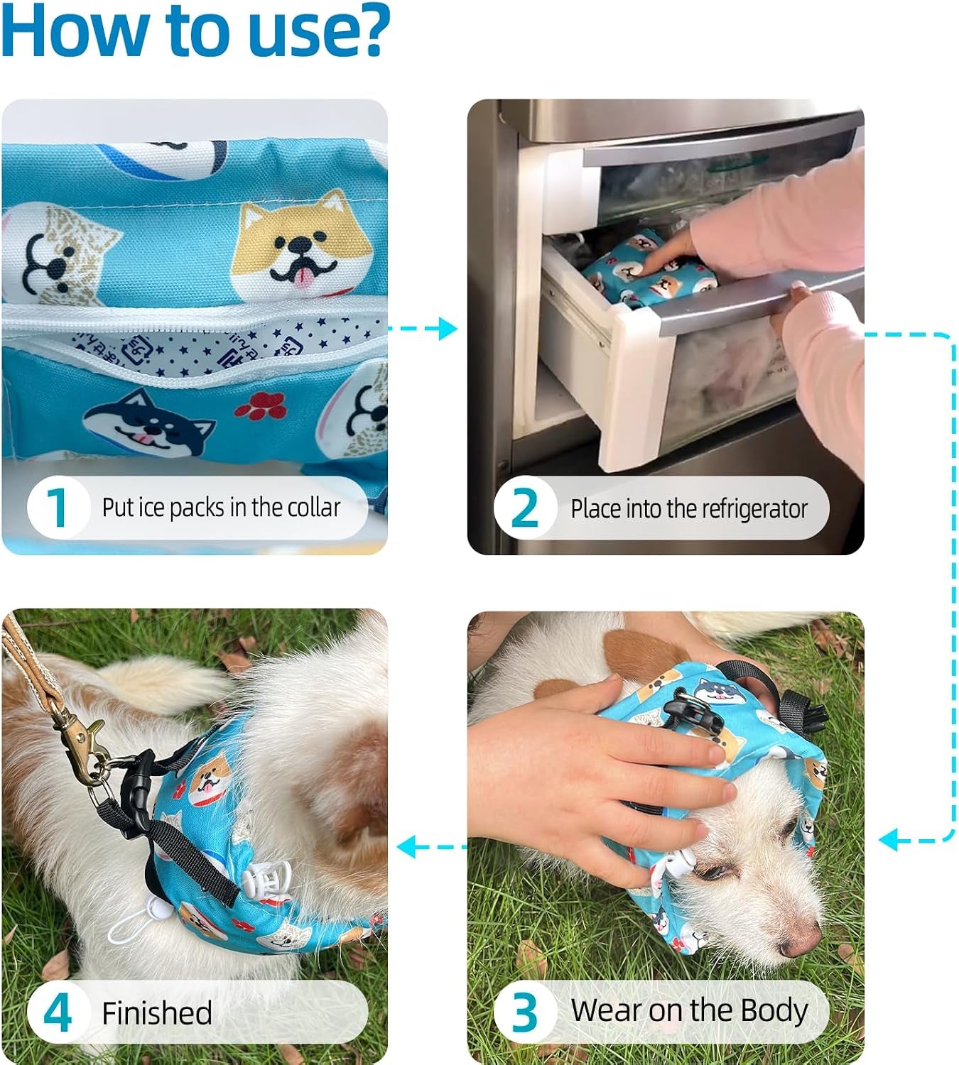Dog Cooling Collar Harness with Recyclable Ice Packs, Pet Adjustable Ice Chill Out Bandana Collar Neck Cooler Wrap for Small Medium Large Dogs Summer (S(For Small Dogs), Blue Dogs)