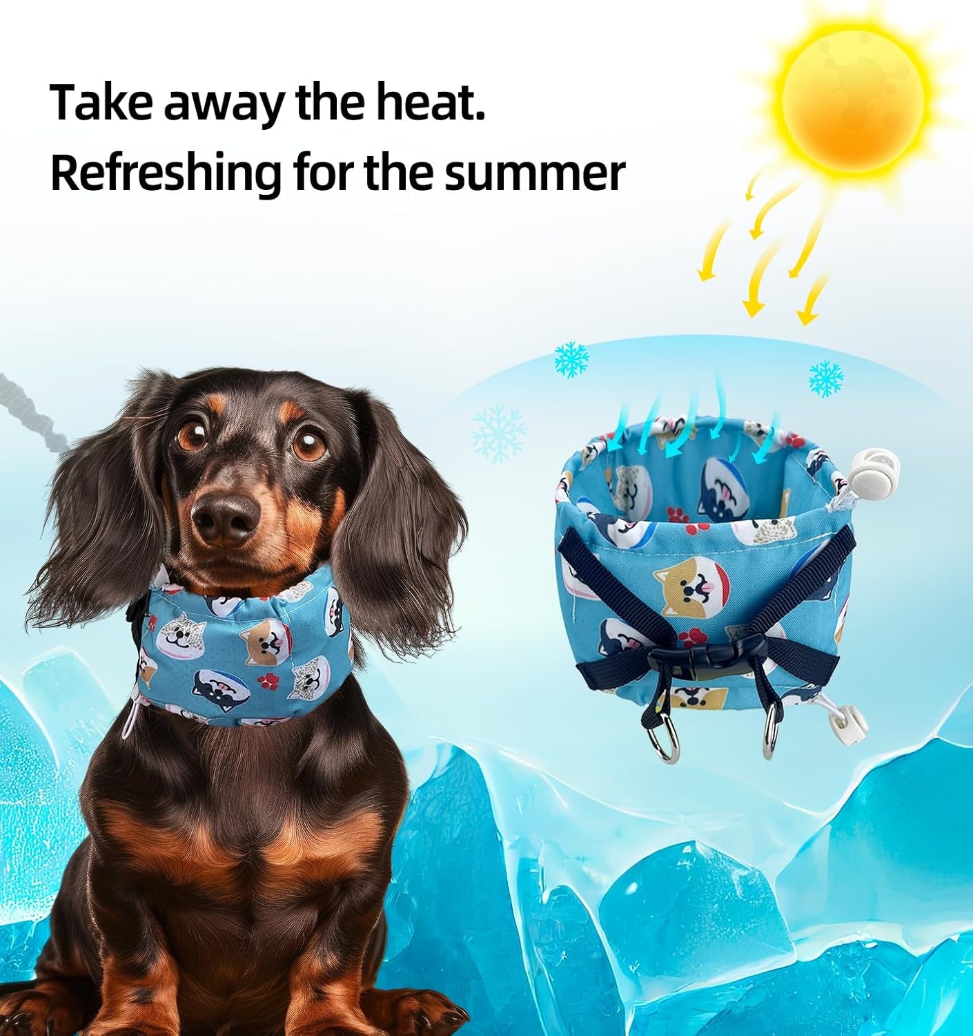Dog Cooling Collar Harness with Recyclable Ice Packs, Pet Adjustable Ice Chill Out Bandana Collar Neck Cooler Wrap for Small Medium Large Dogs Summer (S(For Small Dogs), Blue Dogs)